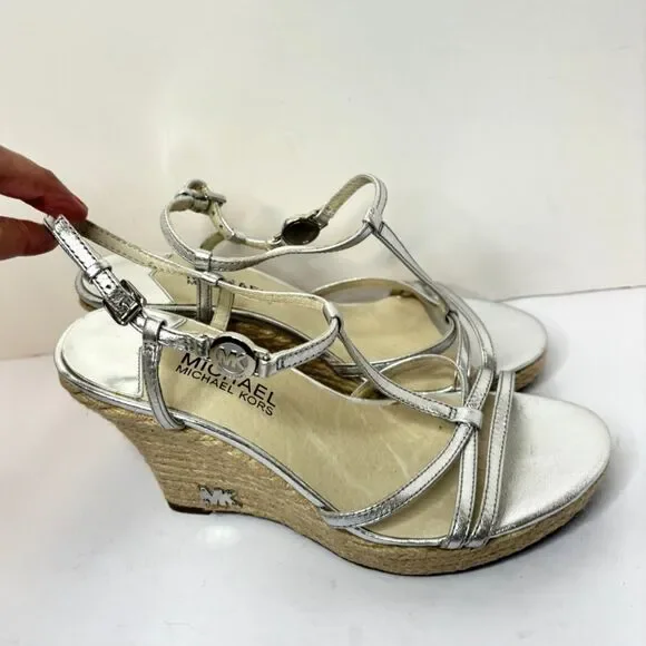 Michael Kors Metallic Espadrille Wedge Sandals Silver Strappy Womens - Picture 2 of 6